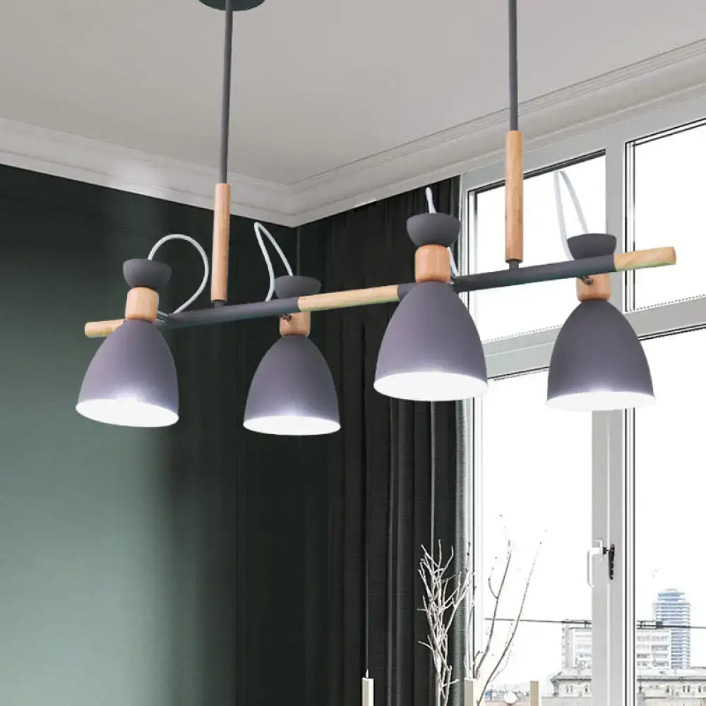 DecorBites™ Grey/White/Green Bell Island Lamp - Nordic 4-Light Iron Pendant with Rotatable Design and Wood Decoration
