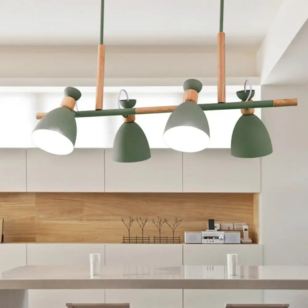 DecorBites™ Grey/White/Green Bell Island Lamp - Nordic 4-Light Iron Pendant with Rotatable Design and Wood Decoration