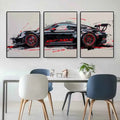 Decorbites™ gt3 rs sports car wall art featuring black porsche gt3rs with red accents and gt3 rs graffiti triptych design