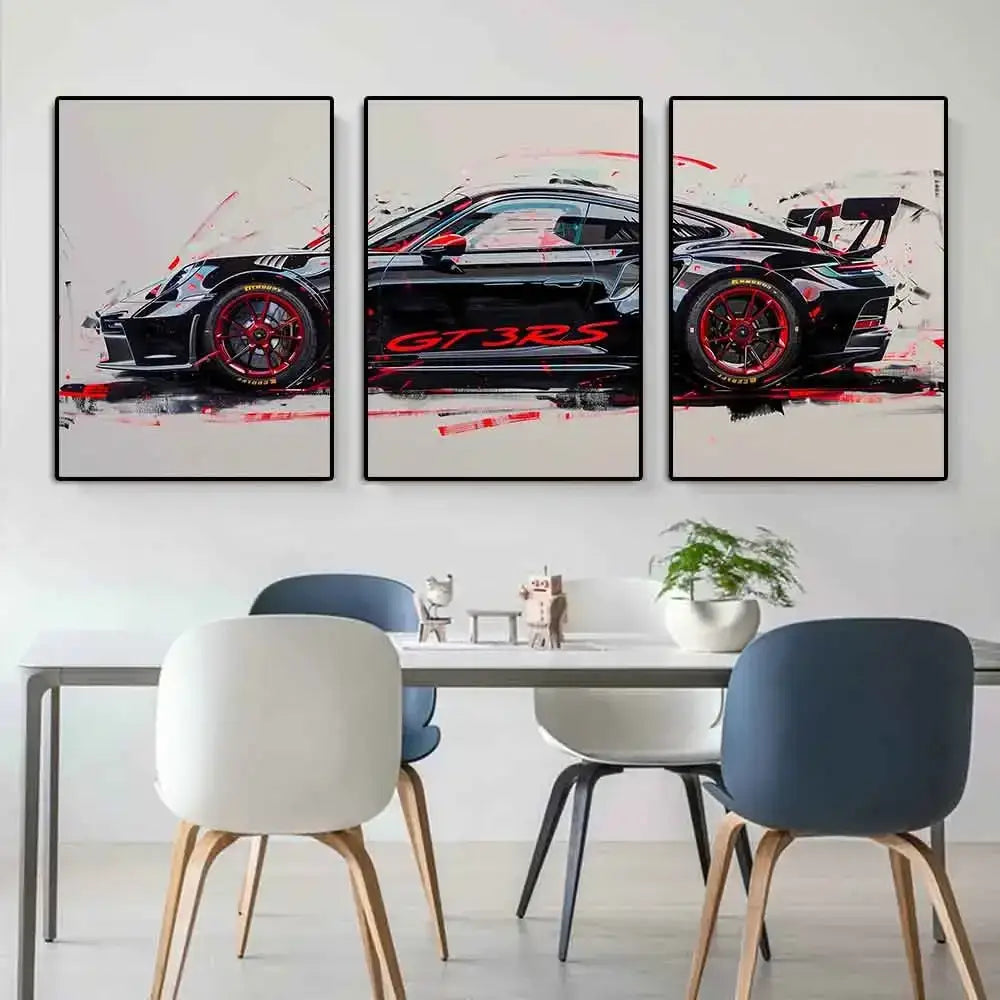Decorbites™ gt3 rs sports car wall art featuring black porsche gt3rs with red accents and gt3 rs graffiti triptych design