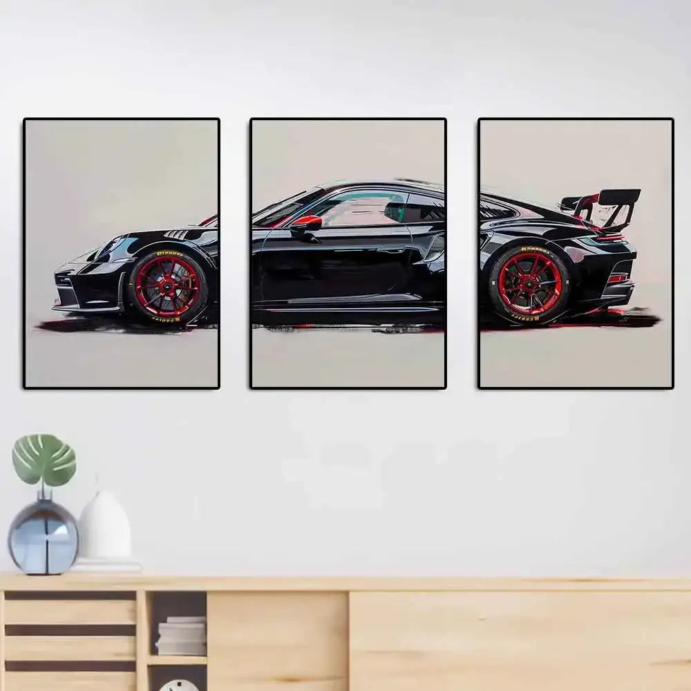 Three-panel black Porsche GT3 RS sports car wall art with red rims and sleek glossy finish by DecorBites™