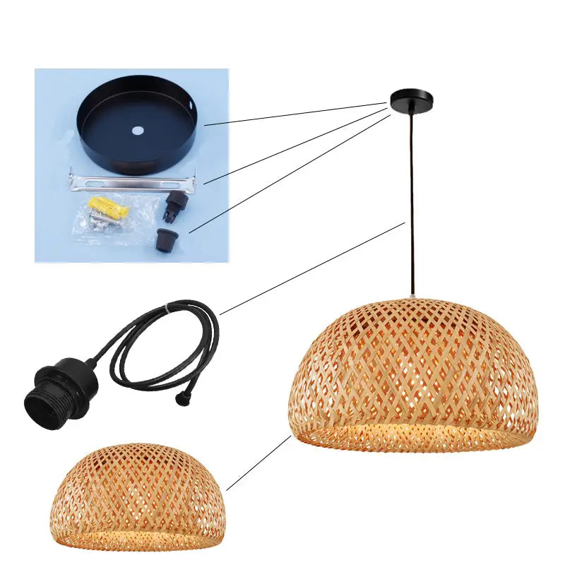 DecorBites™ hand-knit bamboo pendant ceiling light with warm golden-brown hue and intricate lattice design ceiling light