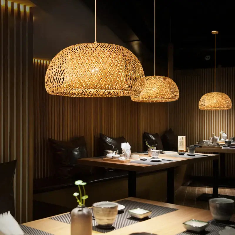 DecorBites™ hand knitted chinese style golden bamboo pendant lights with natural textured lattice design