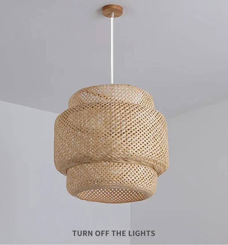 Natural woven rattan pendant light with tiered cylindrical design and wooden ceiling mount hand knitted chinese style