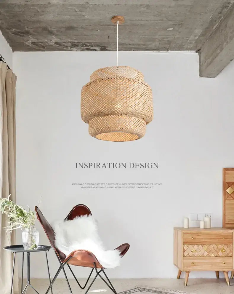 DecorBites™ hand knitted chinese style tiered natural-toned woven rattan pendant light with wooden ceiling mount