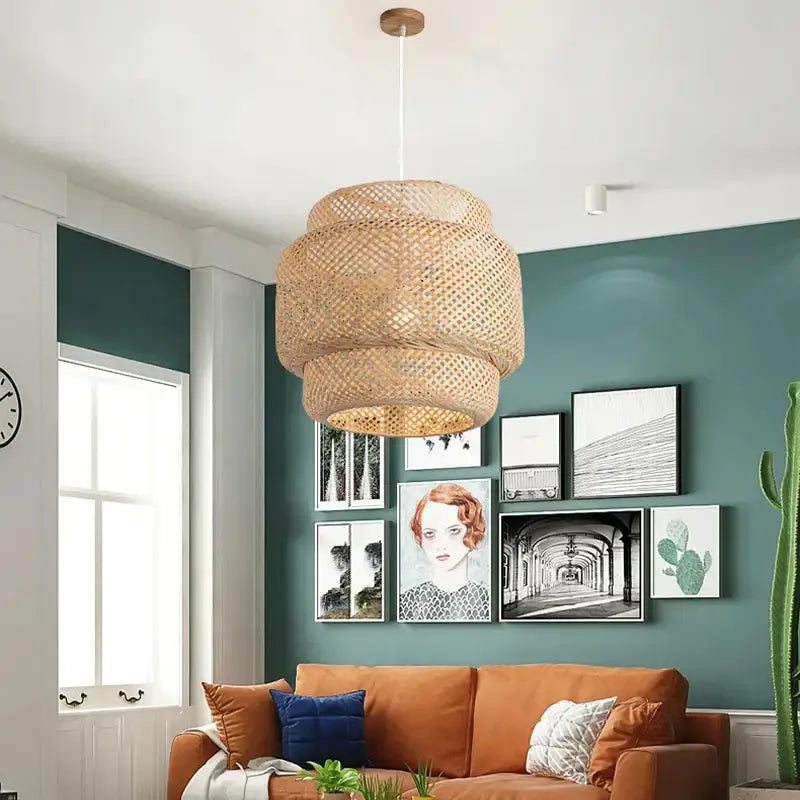 Decorbites™ hand knitted chinese style hanging bamboo lamp with tiered natural woven rattan and intricate lattice pattern