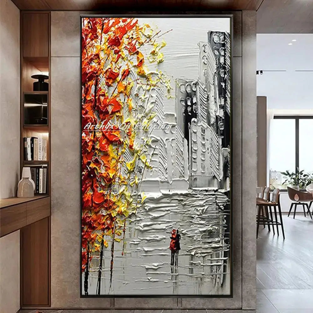 DecorBites™ Handmade Abstract City Oil Painting, Modern Wall Art