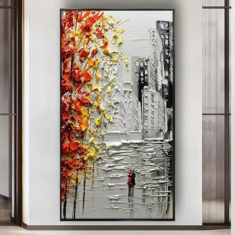 Decorbites handmade abstract city oil painting features vibrant orange and yellow autumn trees contrasting a monochromatic city landscape