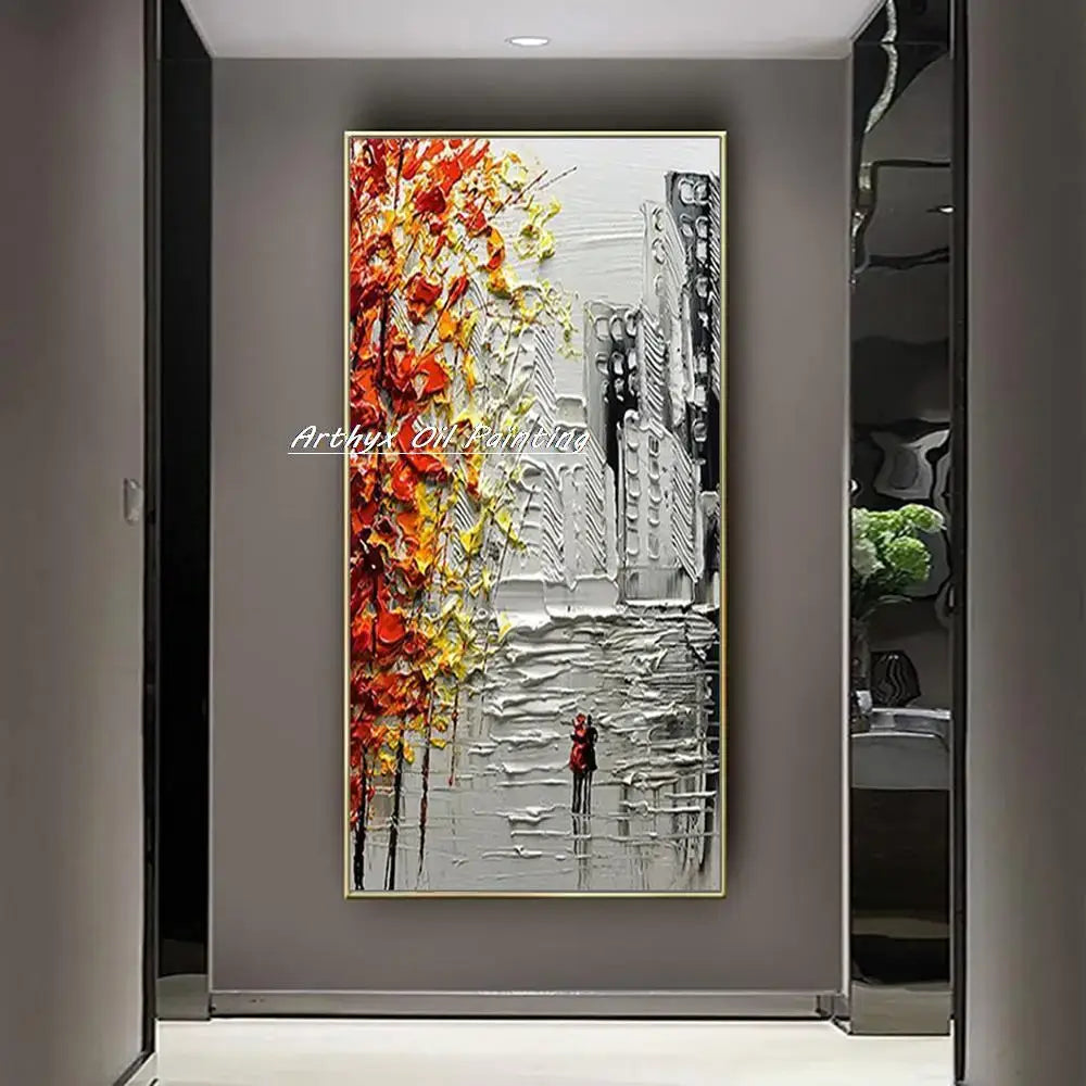 DecorBites™ Handmade Abstract City Oil Painting, Modern Wall Art