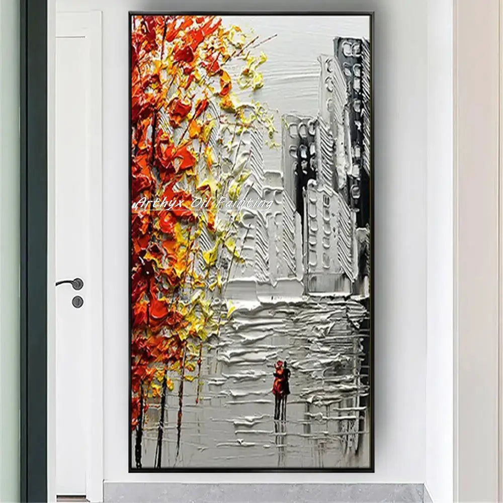 DecorBites™ Handmade Abstract City Oil Painting, Modern Wall Art