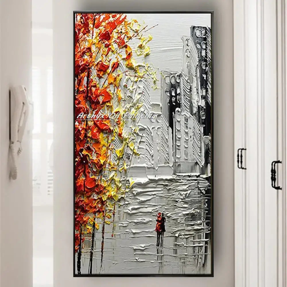DecorBites™ Handmade Abstract City Oil Painting, Modern Wall Art