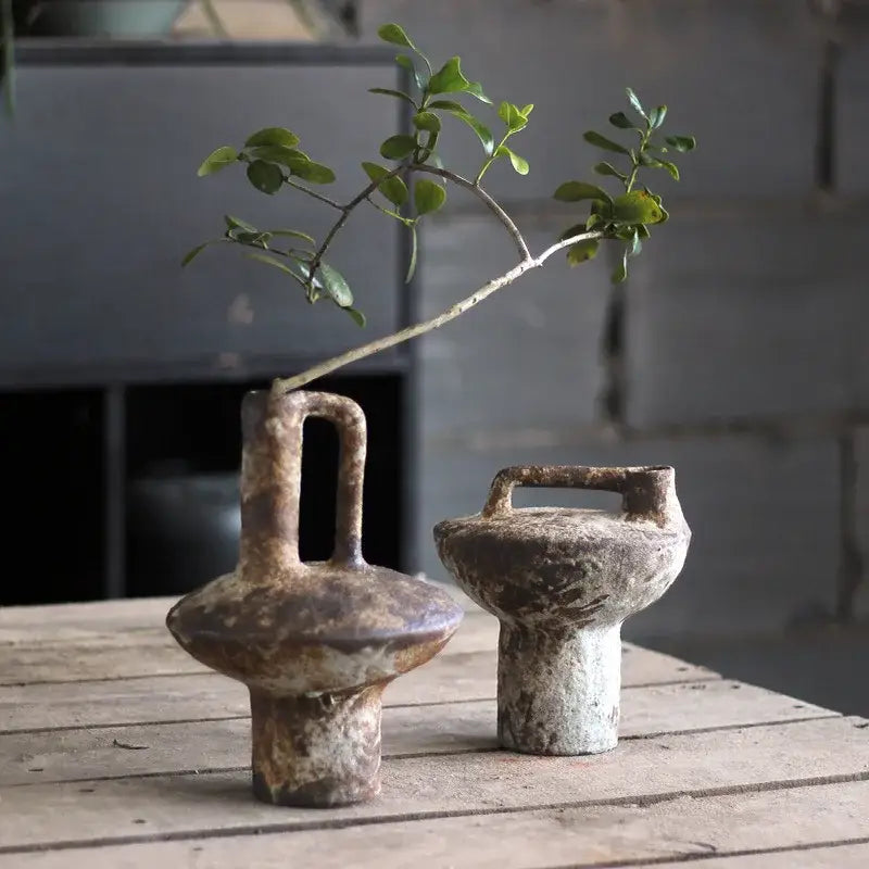 Two rustic pottery vases with handles in earthy brown and gray glazes for dried flowers by decorbites ceramic vase