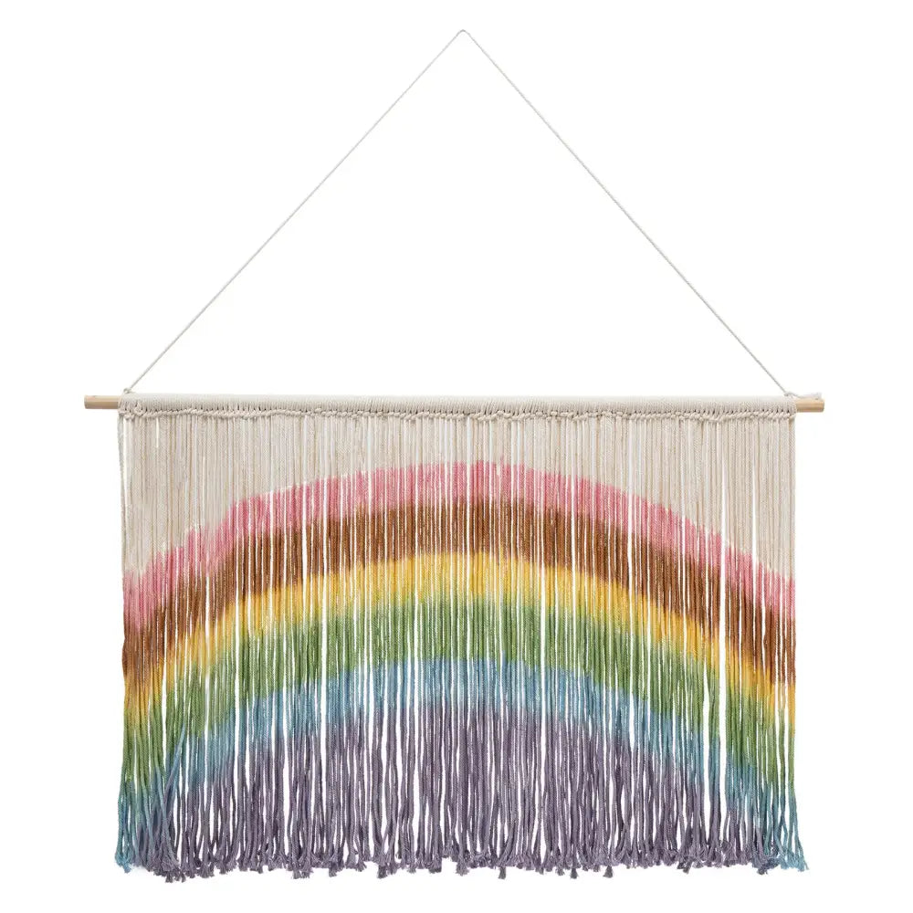 Decorbites handmade weaving colorful rainbow macrame wall hanging with wooden dowel and natural yarn strands