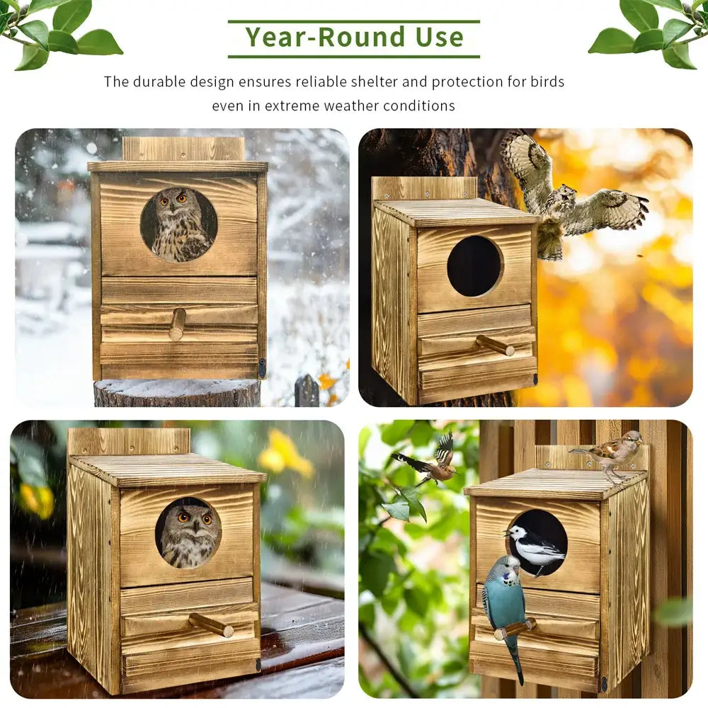 DecorBites™ Handmade Wooden Screech Owl House - Outdoor Nesting Box