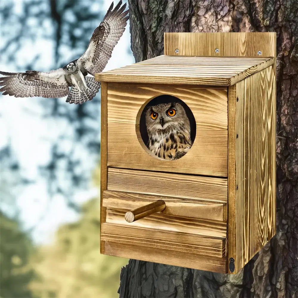 DecorBites™ Handmade Wooden Screech Owl House - Outdoor Nesting Box