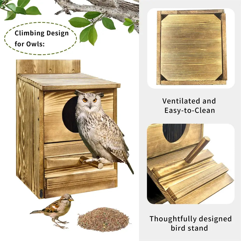 DecorBites™ Handmade Wooden Screech Owl House - Outdoor Nesting Box