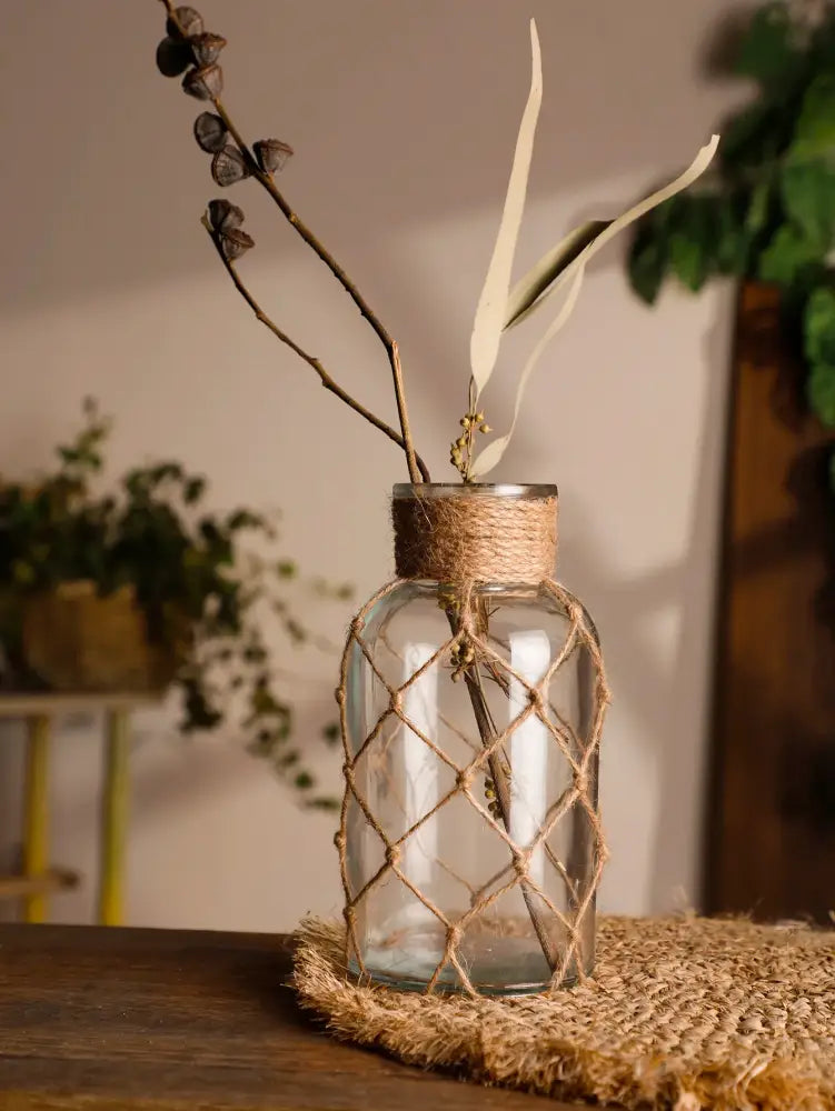 DecorBites™ Hanging Glass Vase with Hemp Rope - Rustic Home Decor