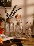 Three clear hanging glass vases wrapped with natural hemp rope netting featuring dried eucalyptus for rustic decor