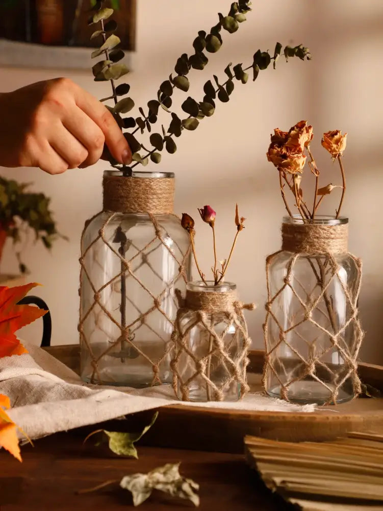 DecorBites™ Hanging Glass Vase with Hemp Rope - Rustic Home Decor