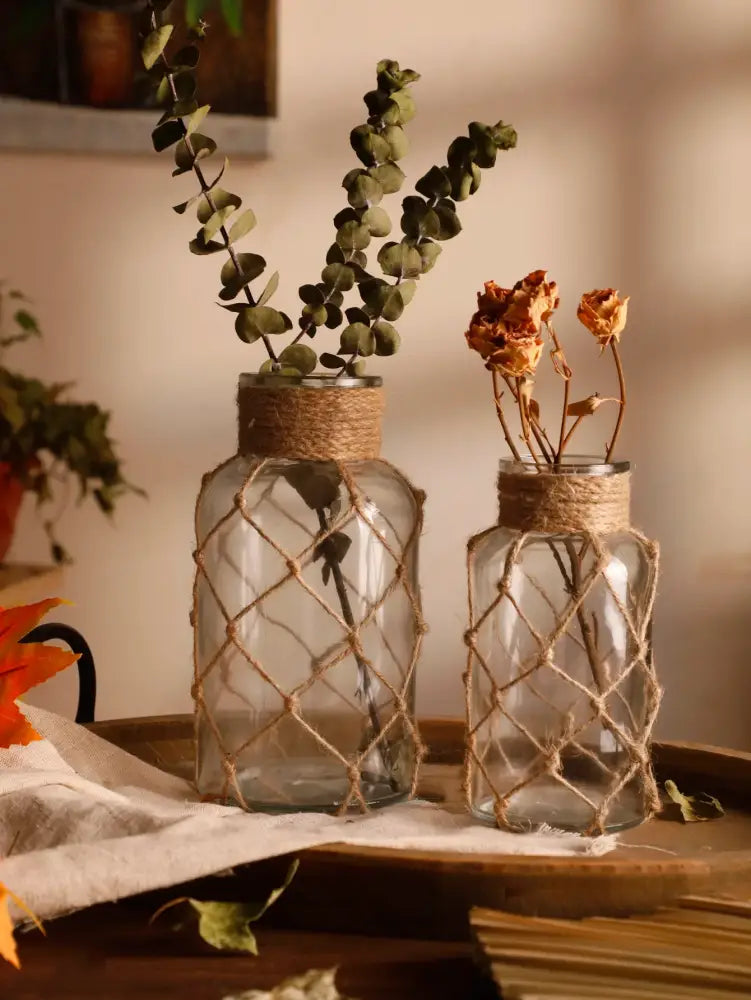 DecorBites™ Hanging Glass Vase with Hemp Rope - Rustic Home Decor