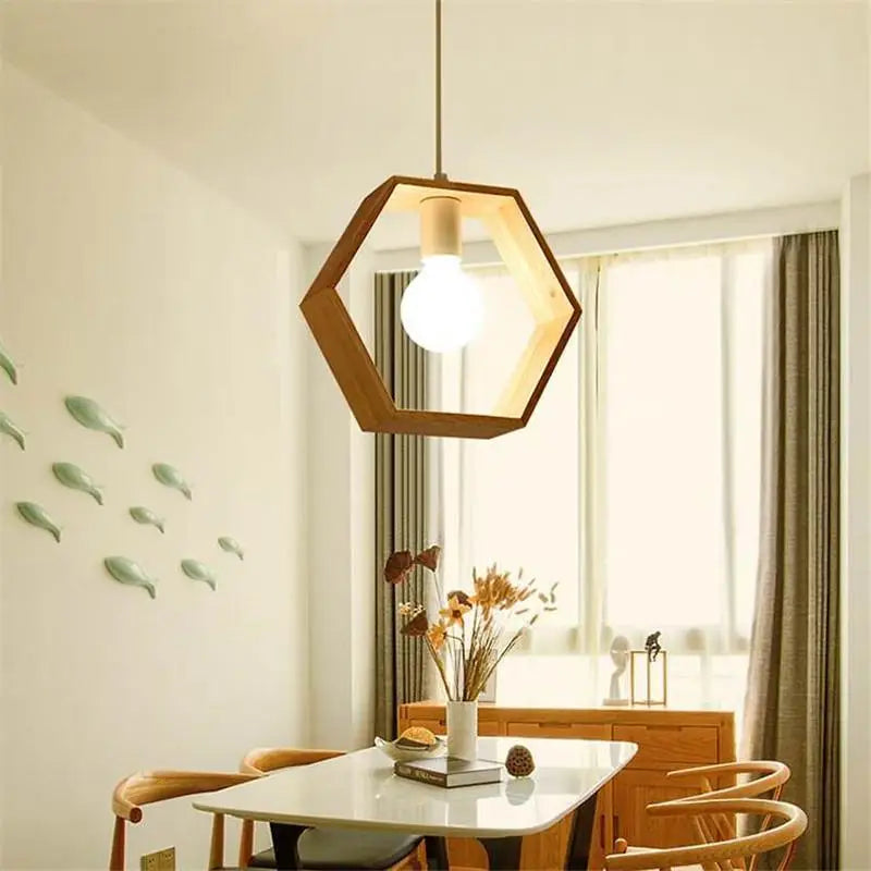 Hexagonal decorbites™ hanging wooden lights with warm-toned finish and exposed bulb showcasing wooden lights design