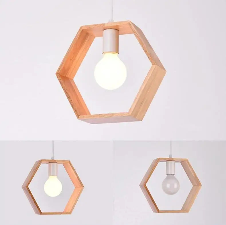 DecorBites™ hanging wooden lights minimalist hexagonal wooden pendant light with natural finish and exposed bulb
