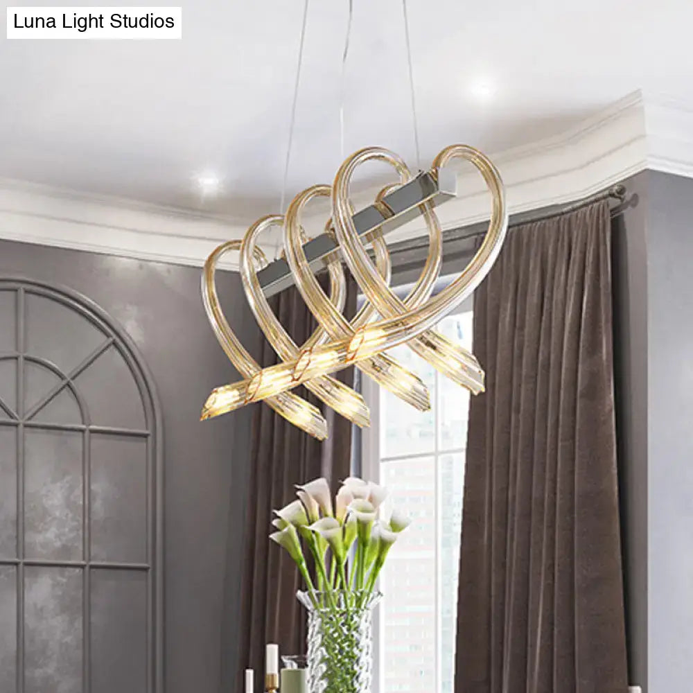DecorBites™ Heart-Shaped Chrome Island Light: Minimalist 8-Head Amber Glass Pendant for Restaurants
