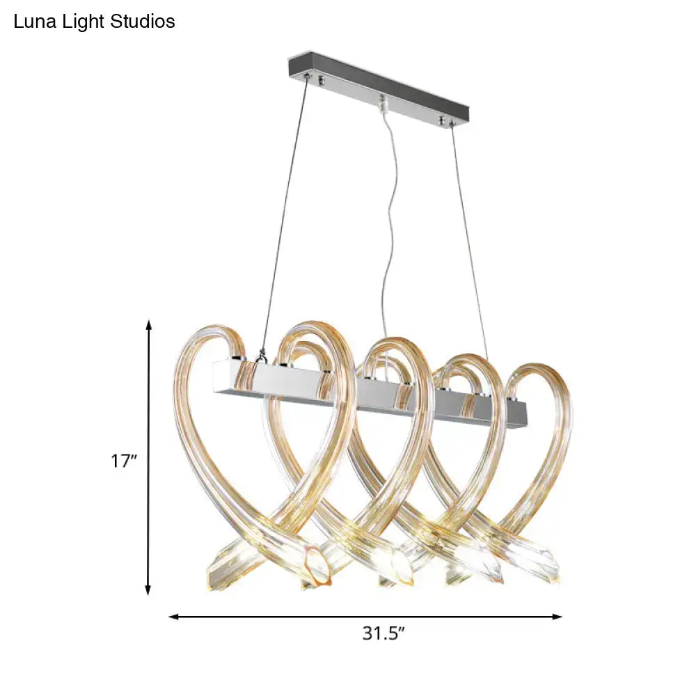 DecorBites™ Heart-Shaped Chrome Island Light: Minimalist 8-Head Amber Glass Pendant for Restaurants