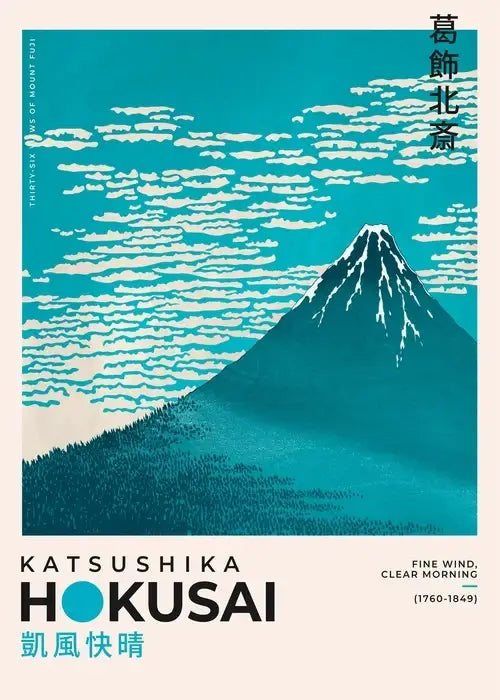 Teal and white DecorBites™ Hokusai Japanese canvas art print featuring mount fuji for elegant home decor