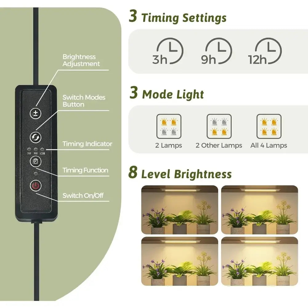 Black rectangular control panel with buttons for timing brightness and lamp mode on decorbites indoor plant grow lights