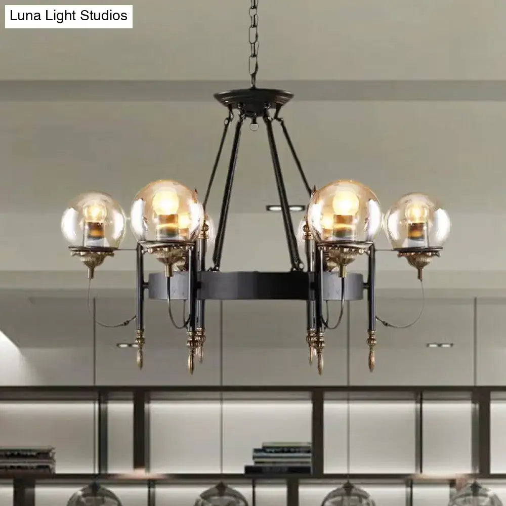 DecorBites™ Industrial 6-Light Clear Glass Globe Chandelier with Clock Detail - Modern Pendant Light for Living Room