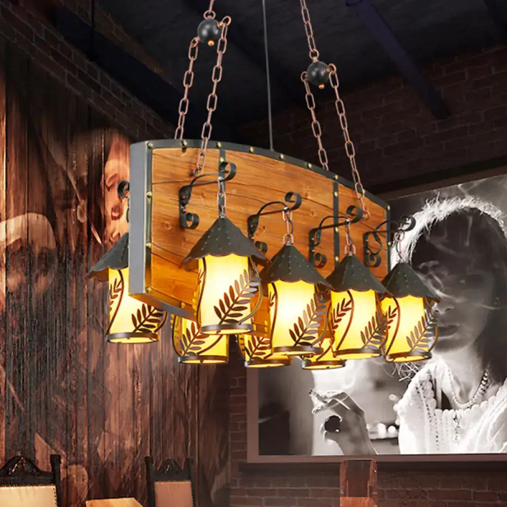 DecorBites™ Industrial Black Lantern Island Pendant Light with 8 Lights, Metal Arm, White Fabric/Clear Glass - for Restaurant Ceiling