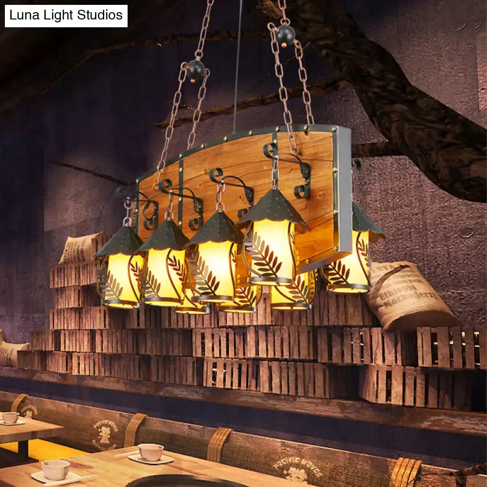 DecorBites™ Industrial Black Lantern Island Pendant Light with 8 Lights, Metal Arm, White Fabric/Clear Glass - for Restaurant Ceiling