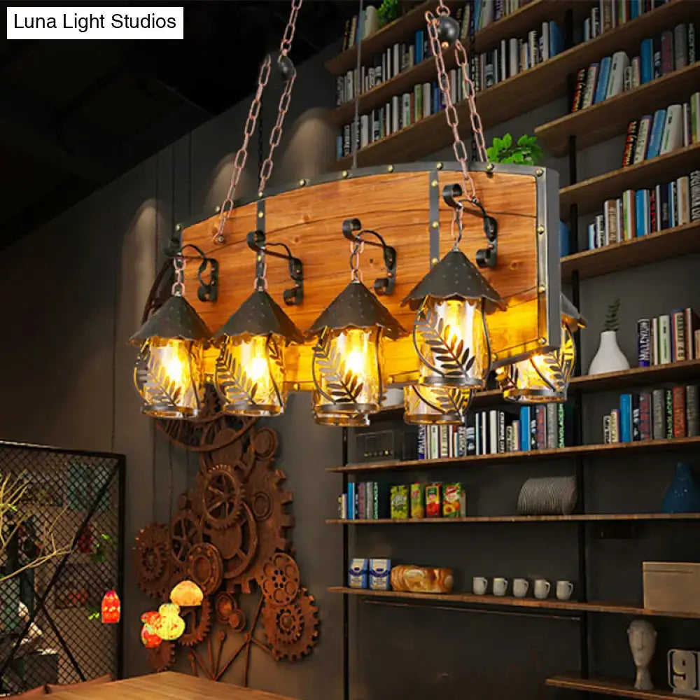 DecorBites™ Industrial Black Lantern Island Pendant Light with 8 Lights, Metal Arm, White Fabric/Clear Glass - for Restaurant Ceiling