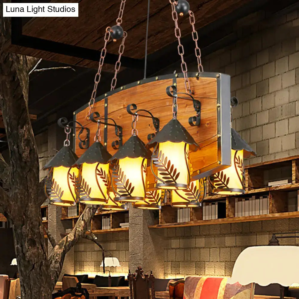 DecorBites™ Industrial Black Lantern Island Pendant Light with 8 Lights, Metal Arm, White Fabric/Clear Glass - for Restaurant Ceiling
