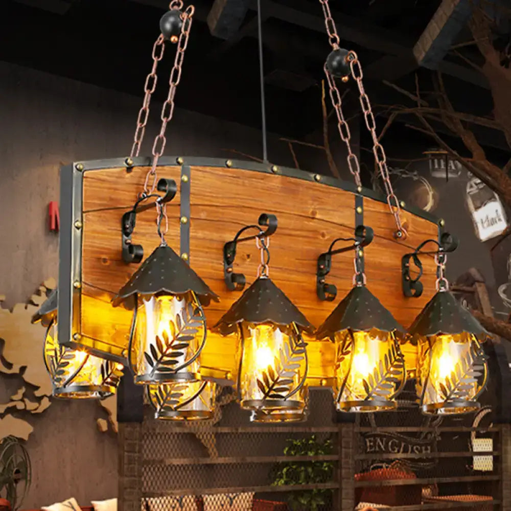 DecorBites™ Industrial Black Lantern Island Pendant Light with 8 Lights, Metal Arm, White Fabric/Clear Glass - for Restaurant Ceiling