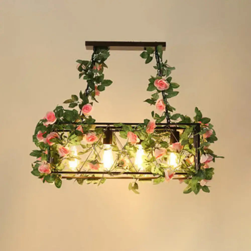 DecorBites™ Industrial Black Metal Island Lamp with 4-Light Rectangle Design and Stylish Faux Plant Decor