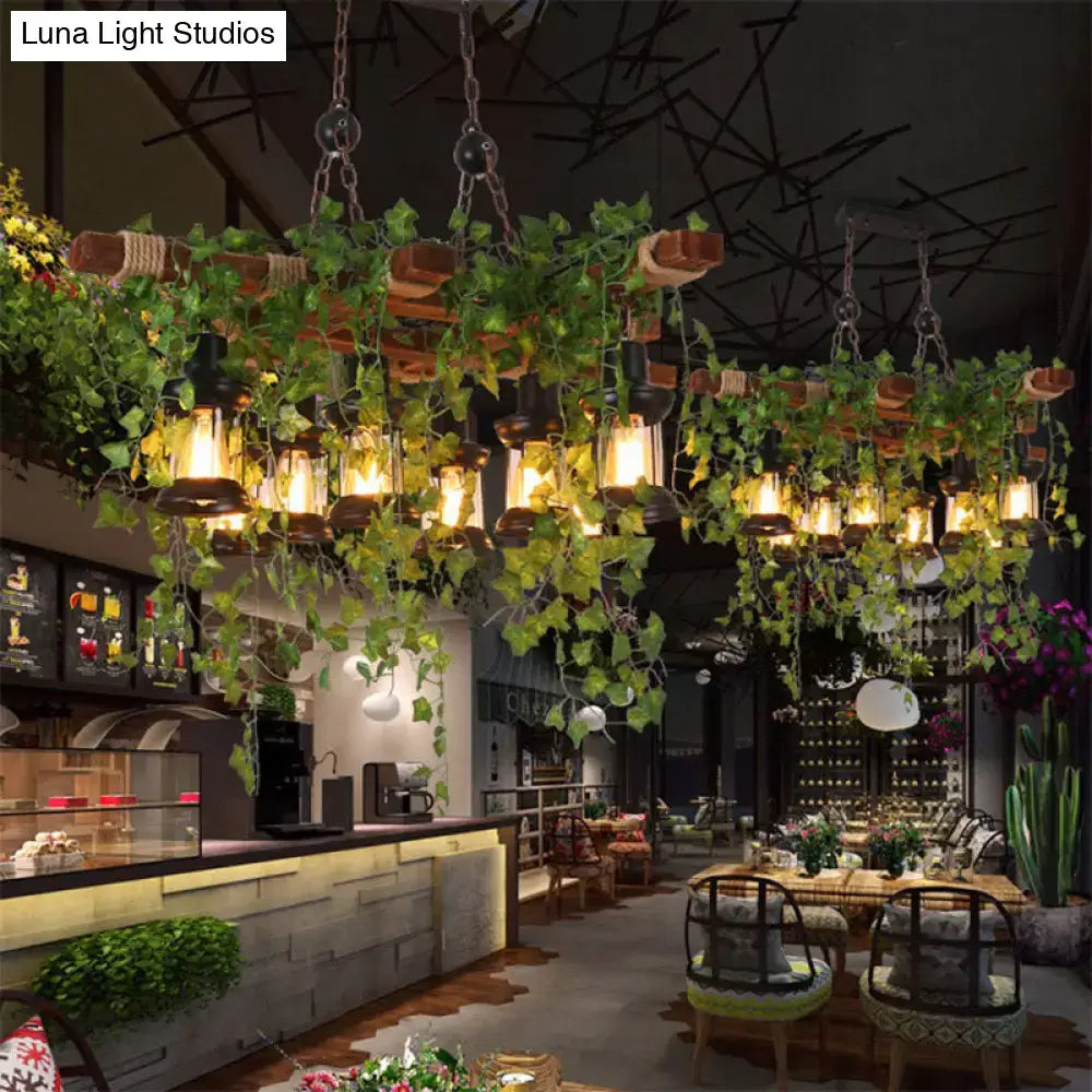 DecorBites™ Industrial Black Metal Lantern Island Light - 8-Lights Hanging Lamp with Plant Decoration