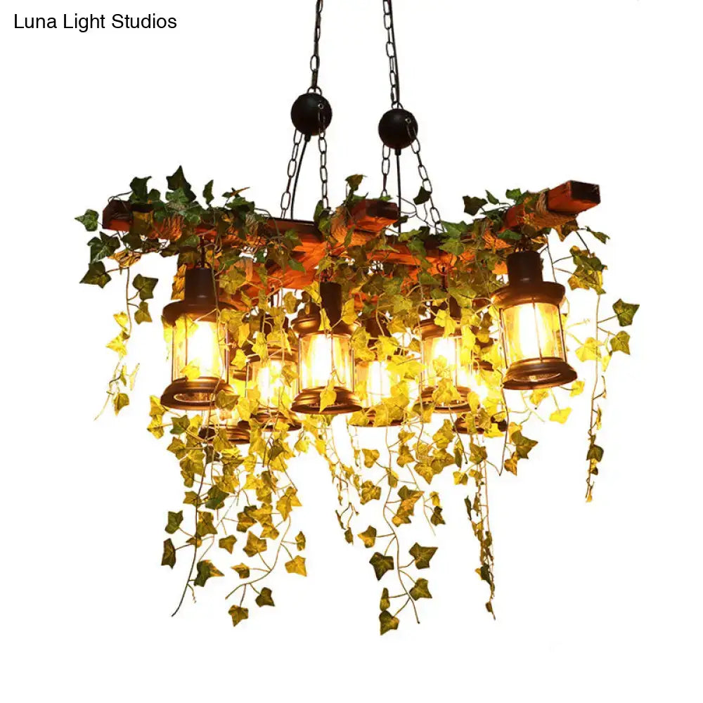 DecorBites™ Industrial Black Metal Lantern Island Light - 8-Lights Hanging Lamp with Plant Decoration