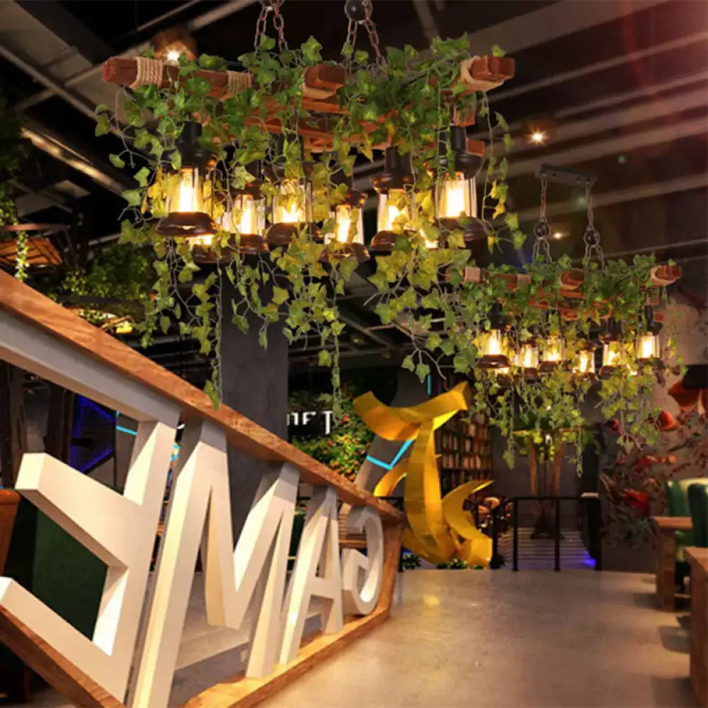 DecorBites™ Industrial Black Metal Lantern Island Light - 8-Lights Hanging Lamp with Plant Decoration