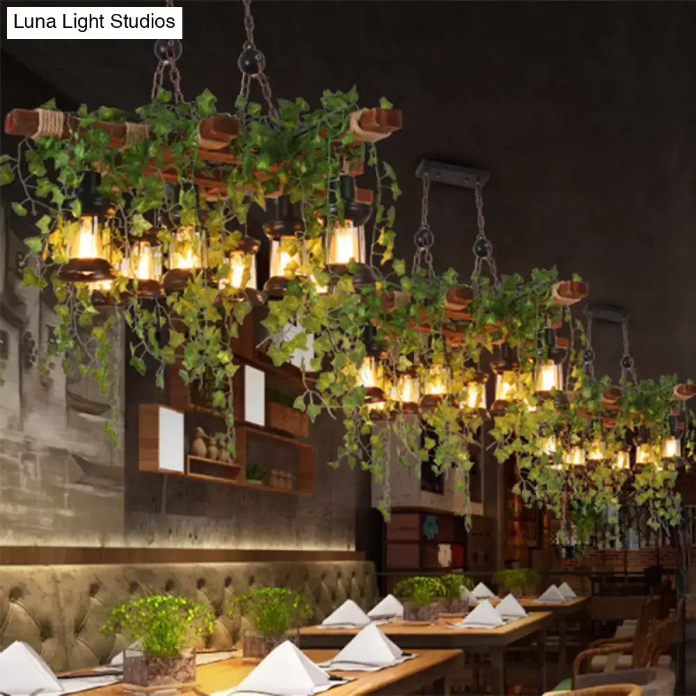 DecorBites™ Industrial Black Metal Lantern Island Light - 8-Lights Hanging Lamp with Plant Decoration