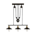 DecorBites™ industrial black wide flare pulley pendant light with three bulbs and brass accents for restaurant use