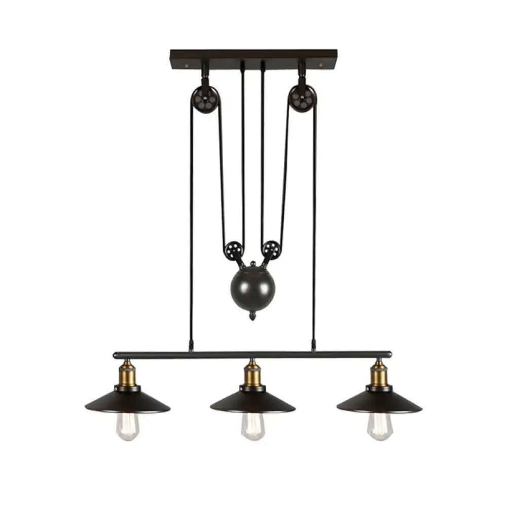 DecorBites™ Industrial Black Wide Flare Pulley Pendant Light for Restaurant - 3 Bulb Hanging Island Fixture