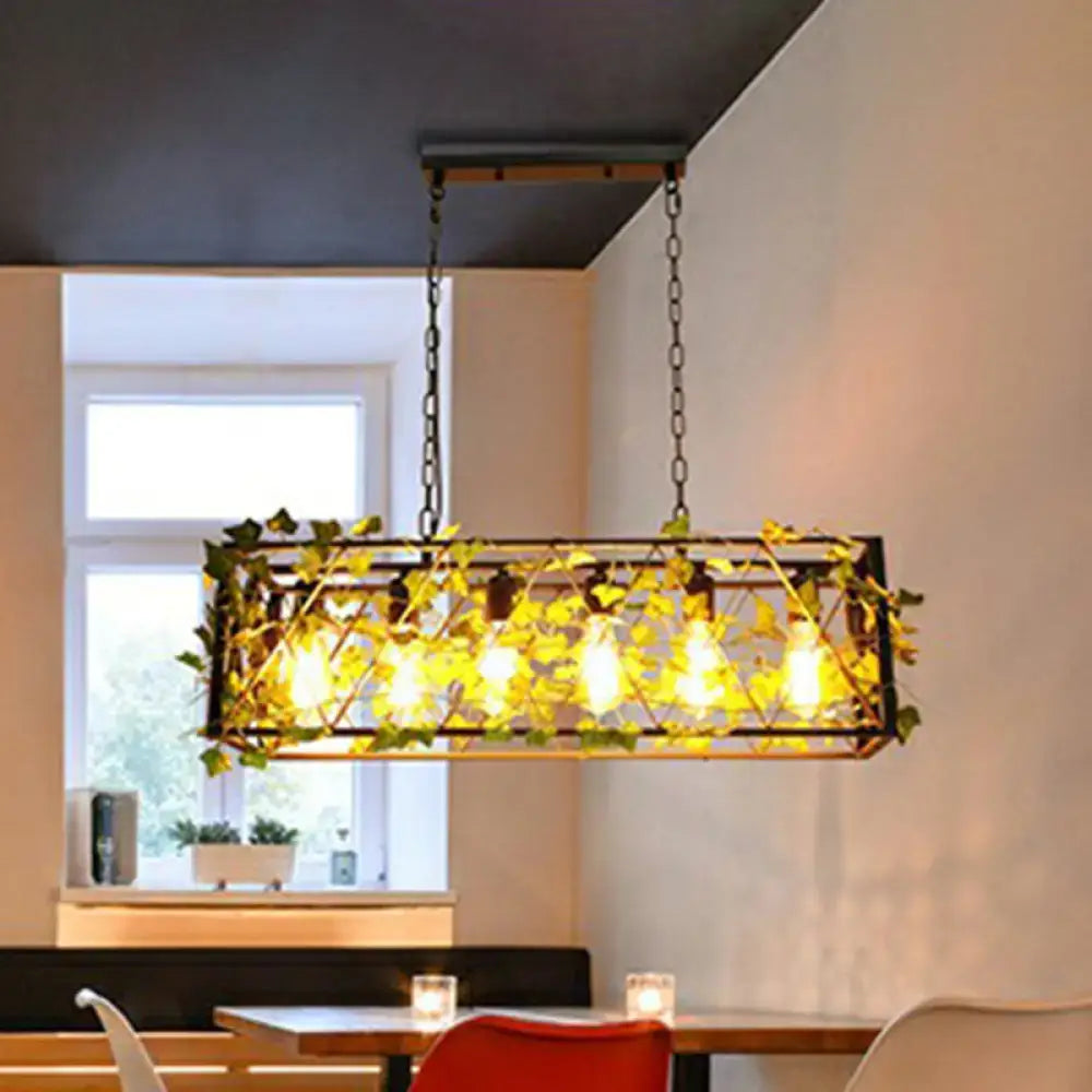 DecorBites™ Industrial Cage Metal Pendant Light with Green Imitation Leaf for Dining Room