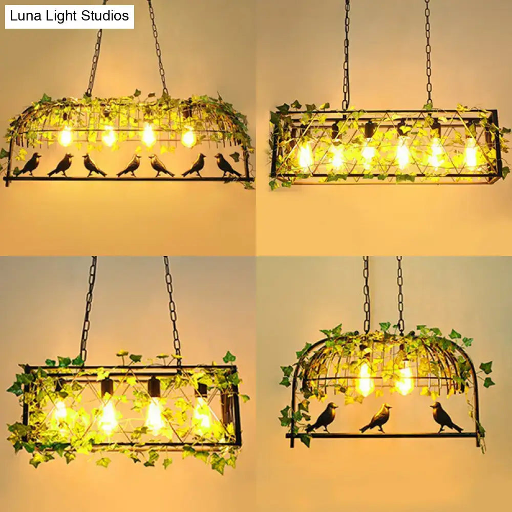 DecorBites™ Industrial Cage Metal Pendant Light with Green Imitation Leaf for Dining Room