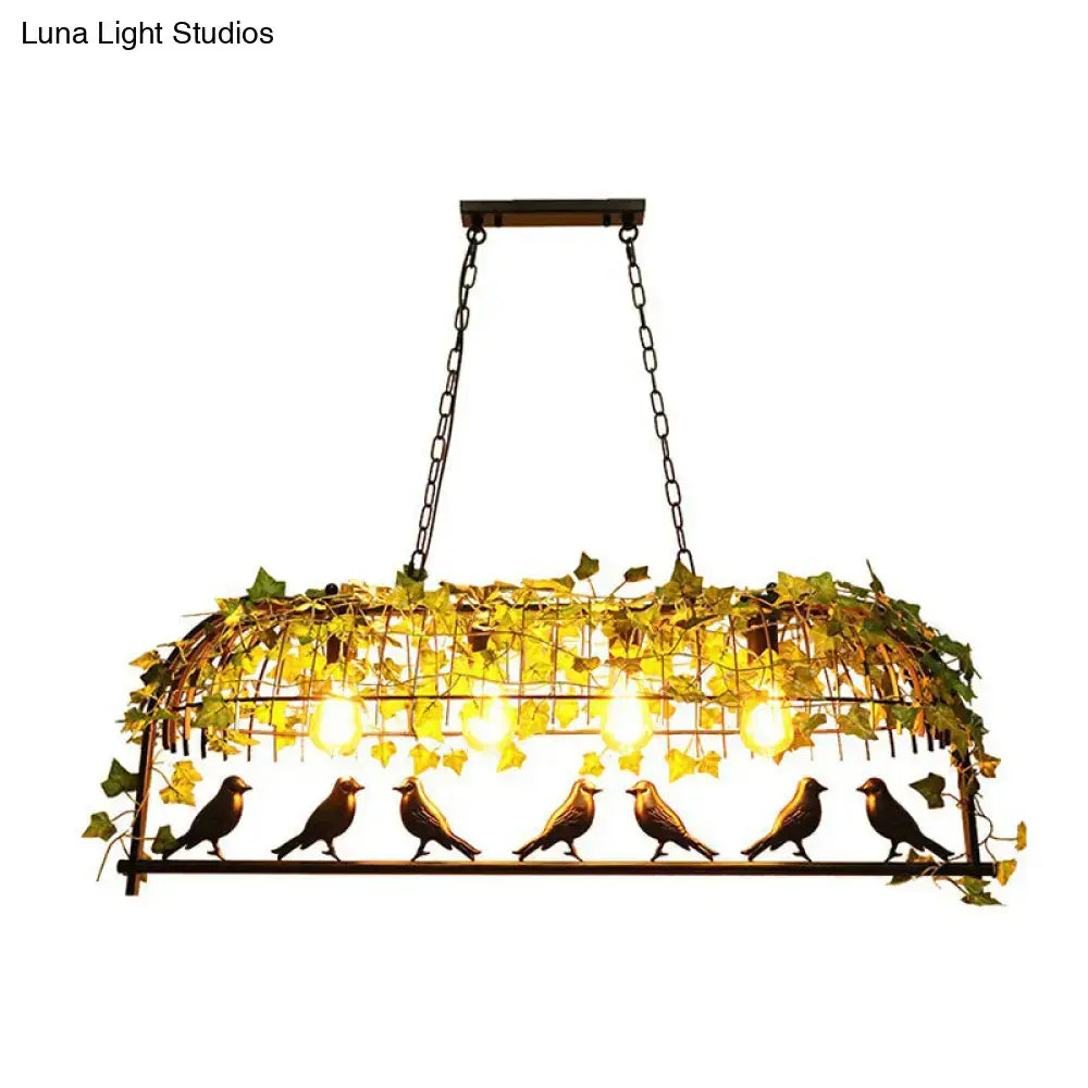DecorBites™ Industrial Cage Metal Pendant Light with Green Imitation Leaf for Dining Room