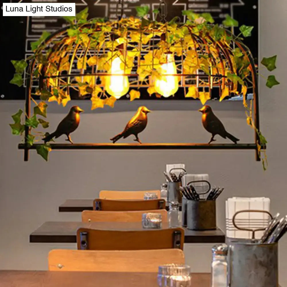 DecorBites™ Industrial Cage Metal Pendant Light with Green Imitation Leaf for Dining Room
