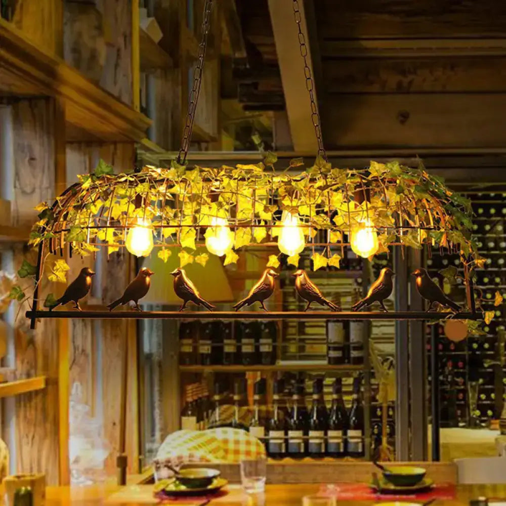 DecorBites™ Industrial Cage Metal Pendant Light with Green Imitation Leaf for Dining Room