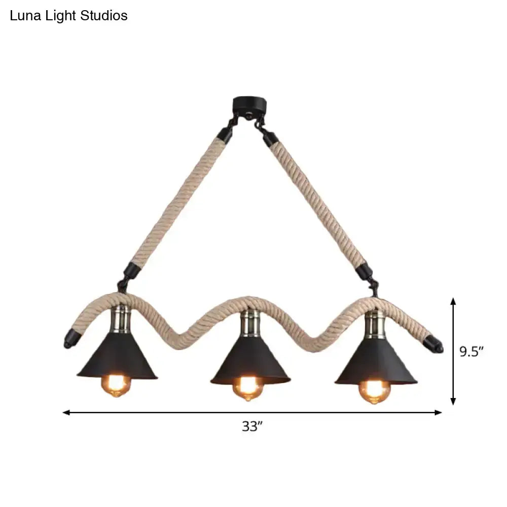 DecorBites™ Industrial Hemp Pendant Lamp - Black/Brown, Wavy Design, 3 Heads