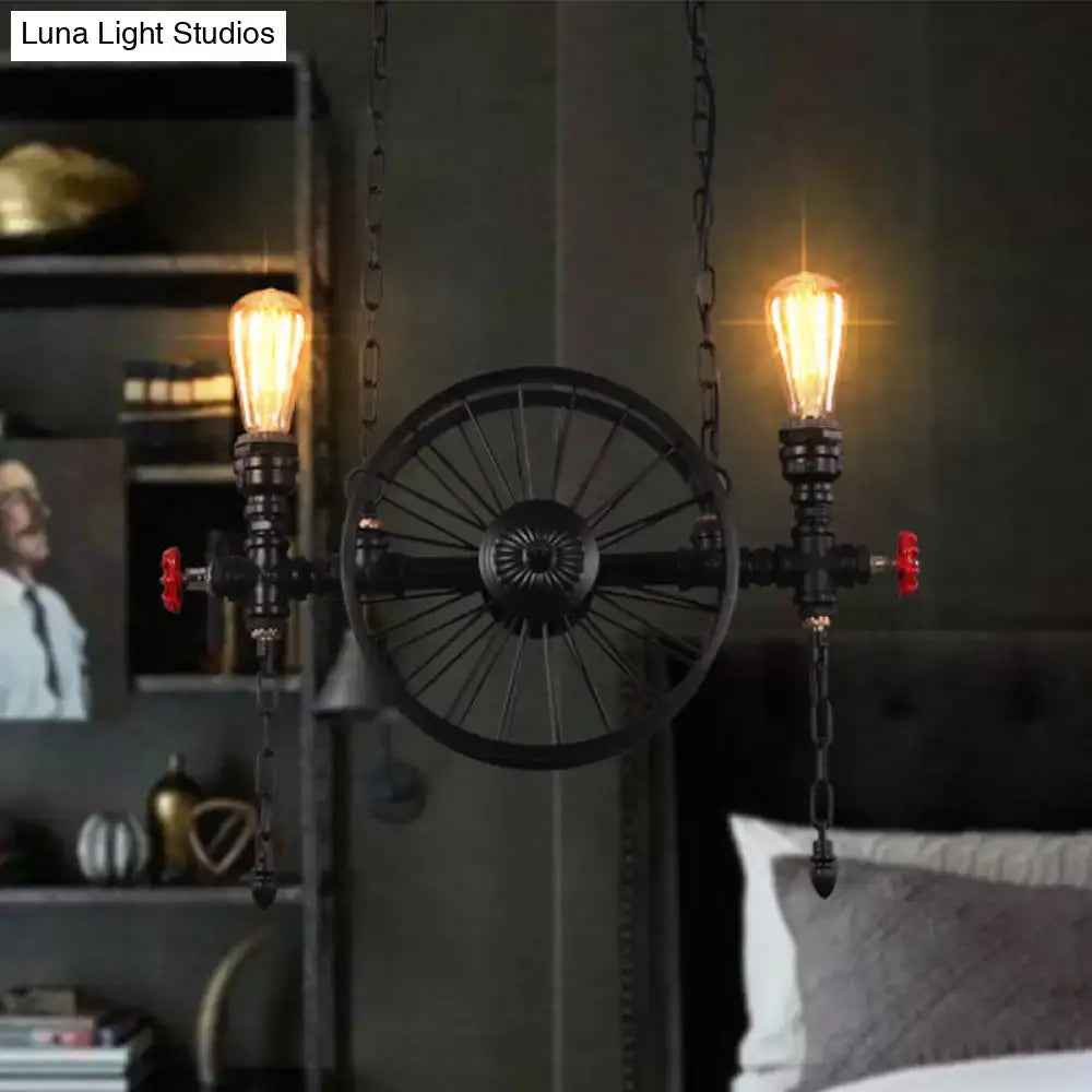 DecorBites™ Industrial Iron Hanging Light Fixture - Wheel Piping, 2/3/4 Heads, Black - for Living Room Island